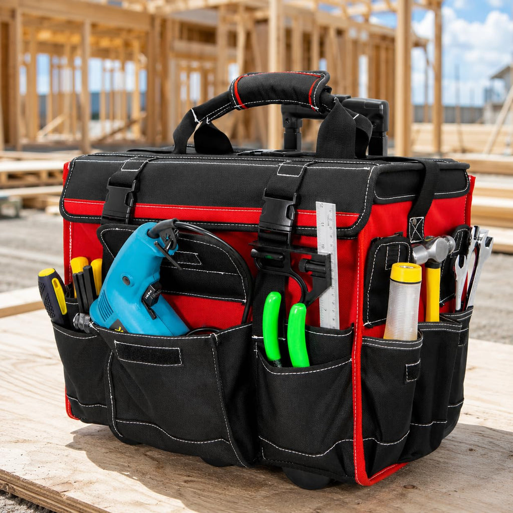 Rolling Tool Bag Wheels, 18-Inch Heavy Duty Tool Bag Organizer, Retractable Telescoping Handle, Durable Multi-Pocket