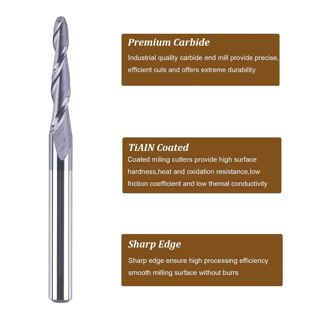 SpeTool 5Pc/Pack 1.0mm Cutting Radius(2.0mm Diameter) Tapered Ball Nose End Mill 1/8 Shank Radius with TiAlN Coated CNC Router Bit for 3D&2D Woodwork Tools