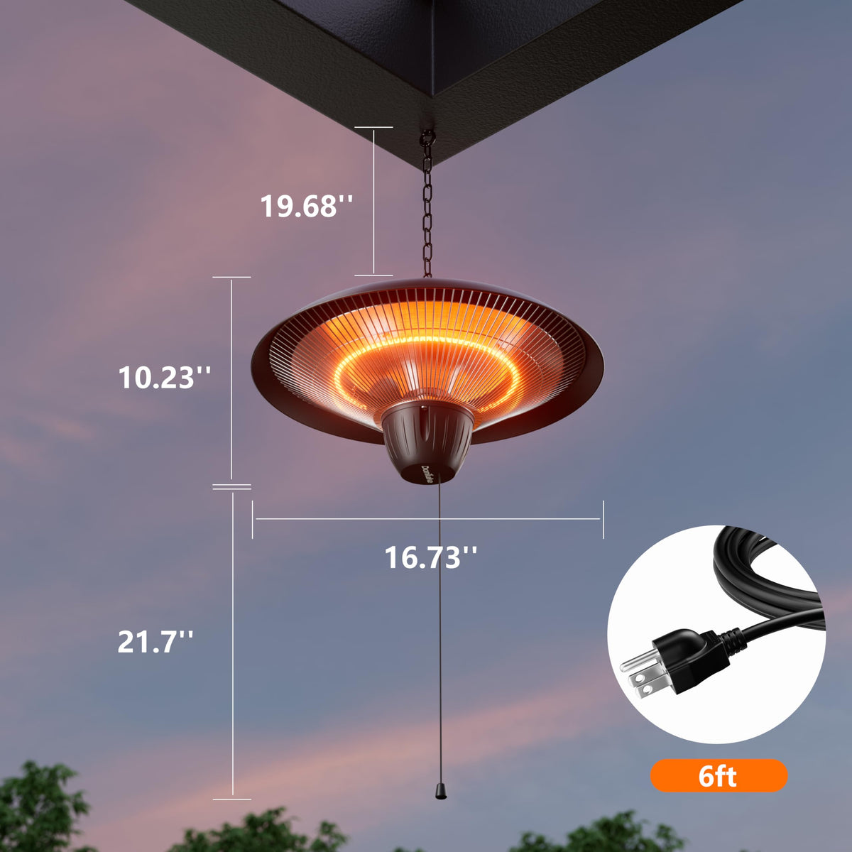 1500W Electric Patio Heater, Hanging Infrared Outdoor Heater with Carbon Fiber Heating, Waterproof Ceiling Mounted
