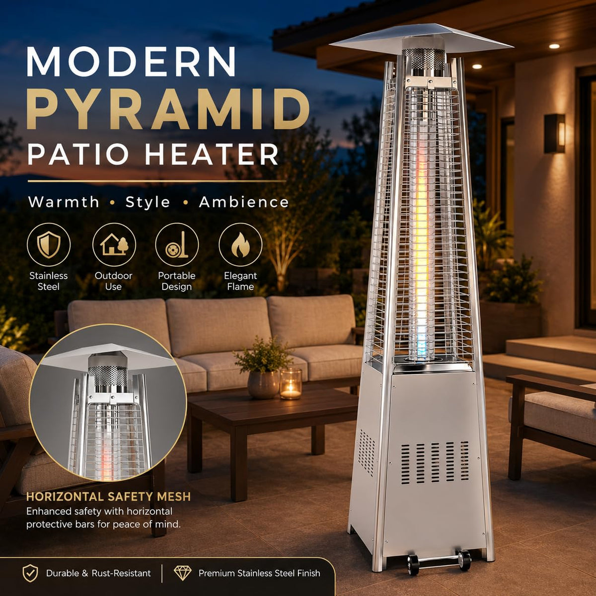 48,000 BTU Propane Pyramid Patio Heater for Outdoor Use, Silver