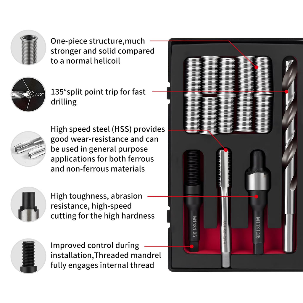 SENNMONN M11x1.25 Metric Thread Repair Kit with HSS Drill & Tap, Counterbore, Installation Driver, 10PCS M11X1.25X28.2MM 304 Stainless Steel Solid Inserts