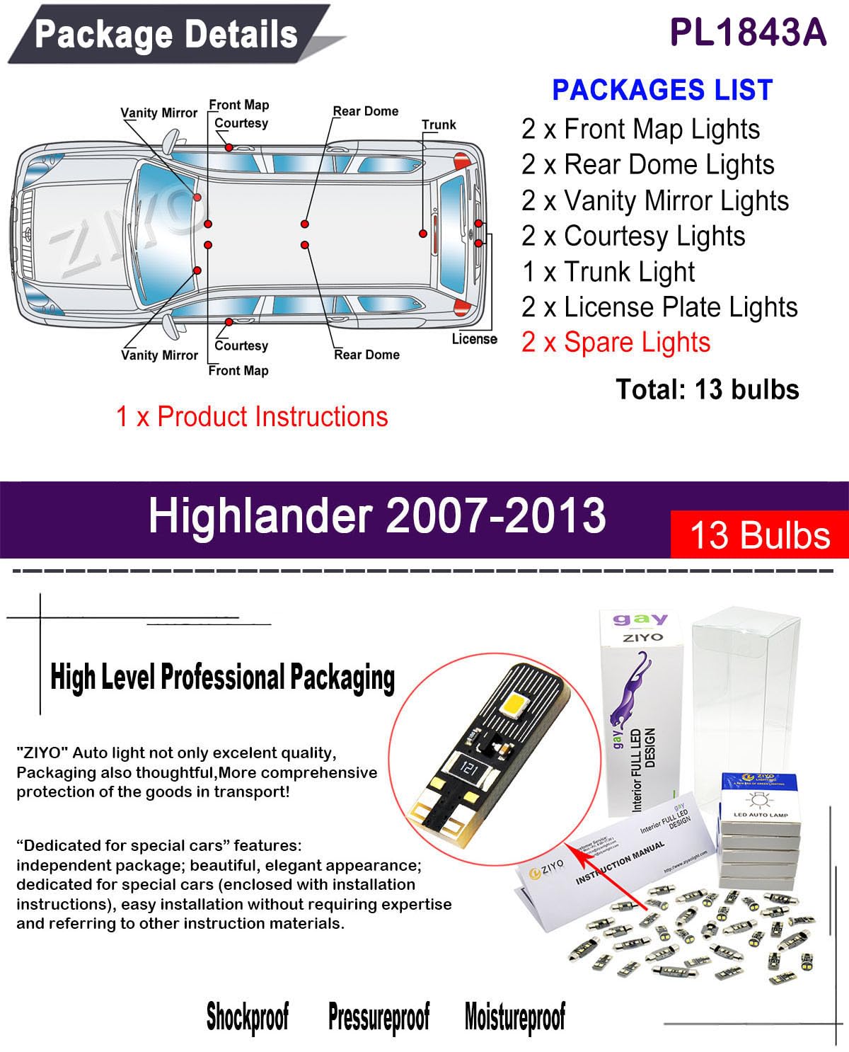 ZIYOLIGHT - PL1843A Replacement for Toyota Highlander Kluger 2007-2014 LED Interior Light kit, 6000K White Dome Lights Accessories Package + License Plate Light Bulbs Upgrade (13 Bulbs)