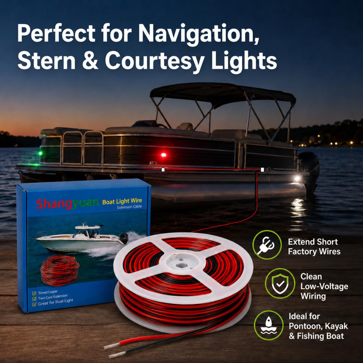 Shangyuan Boat Light Extension Cable Wire Cord for 3528 5050 5630 Led Strip Light Single Color, 66ft 22awg 2pin Wires for Pontoon Boat Kayak Stern Anchor Mast Courtesy Navigation Bow Marine Lights