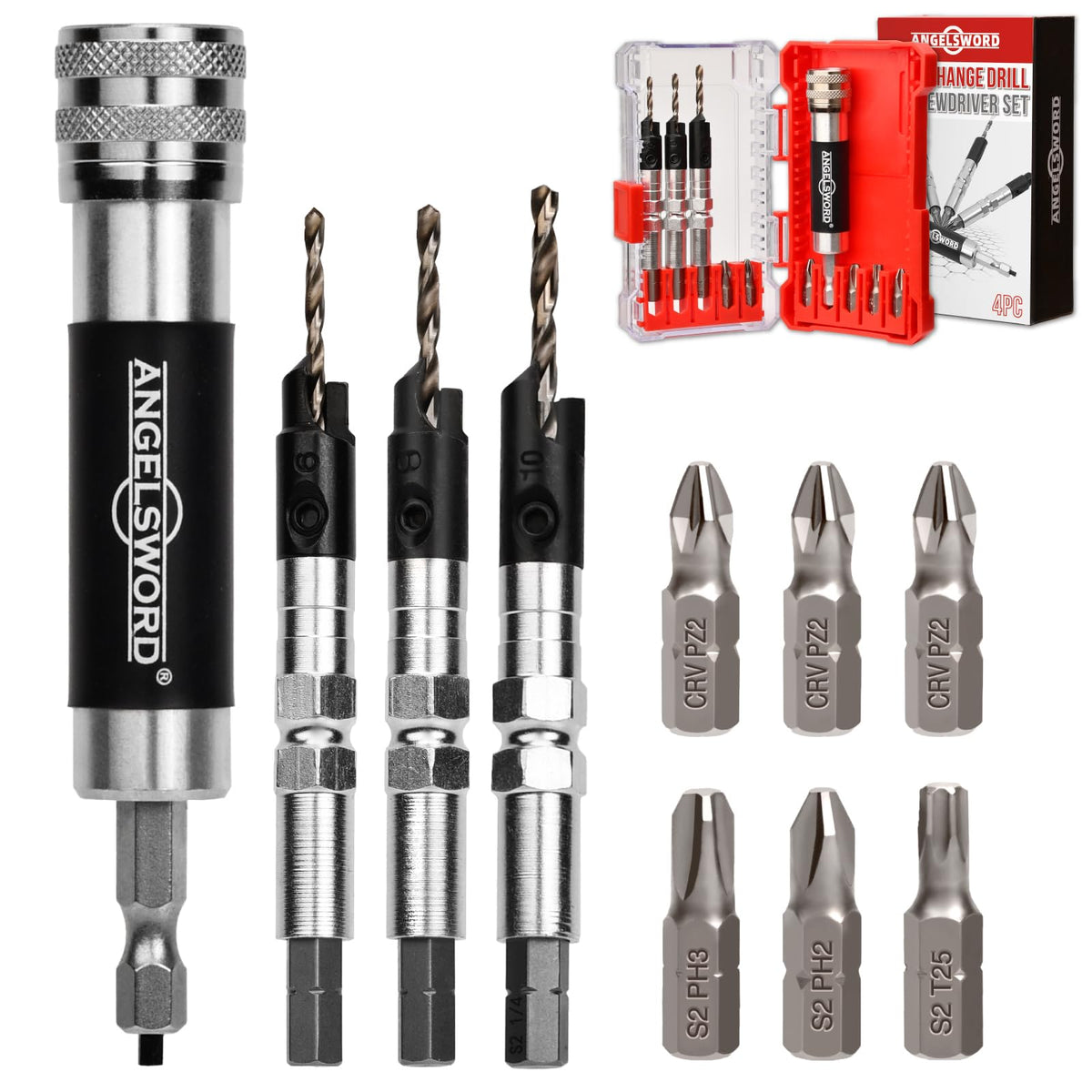 ANGELSWORD Quick Flip Countersink Drill Bit Set, 4pc Quick Flip Drill Bit