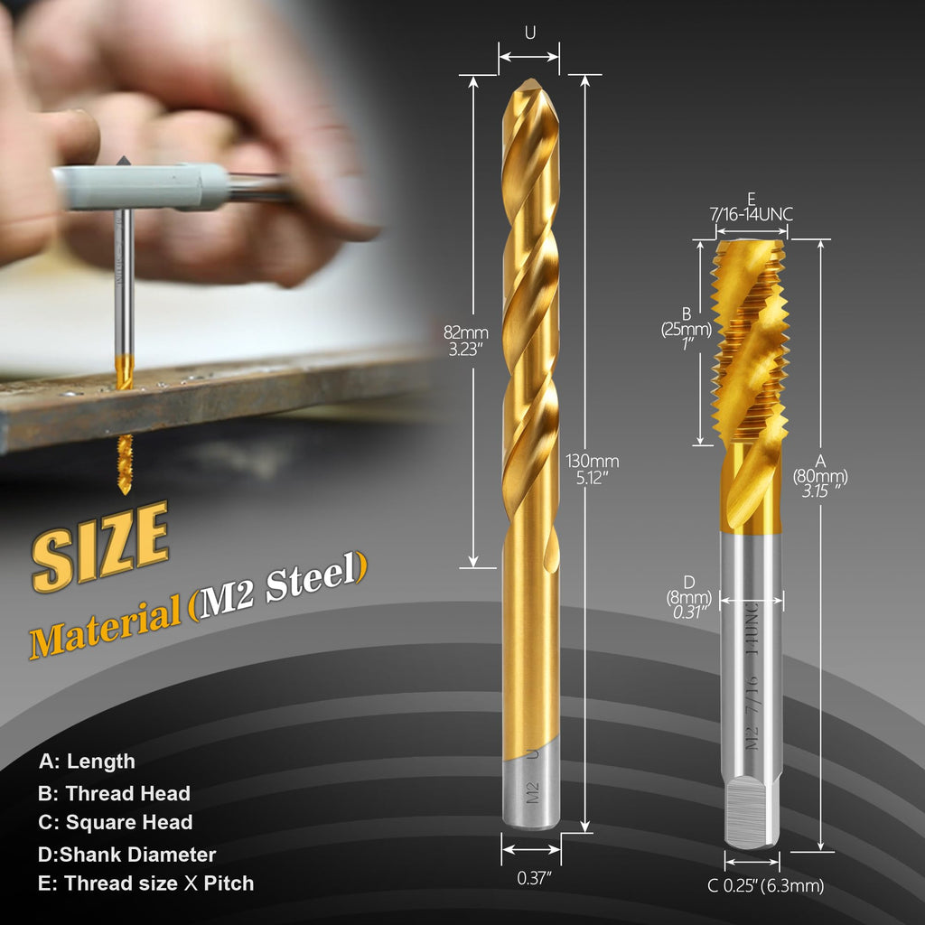 7/16"-14 UNC Spiral Flute Thread Tap and U Drill Bit Set for Metal