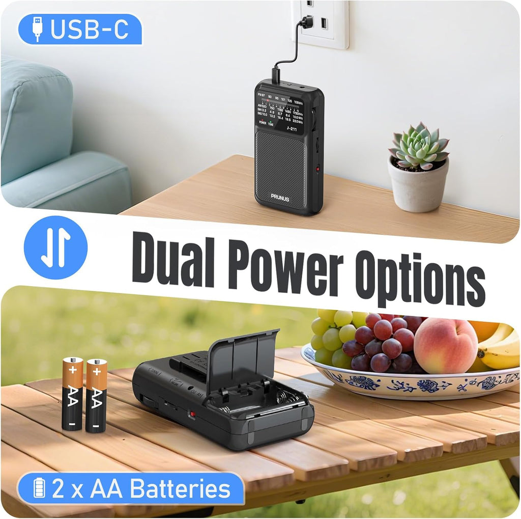 J211 Portable Radio AM FM, USB C Charging and AA Battery Operated | Excellent Reception& Clear Speaker, Headphone