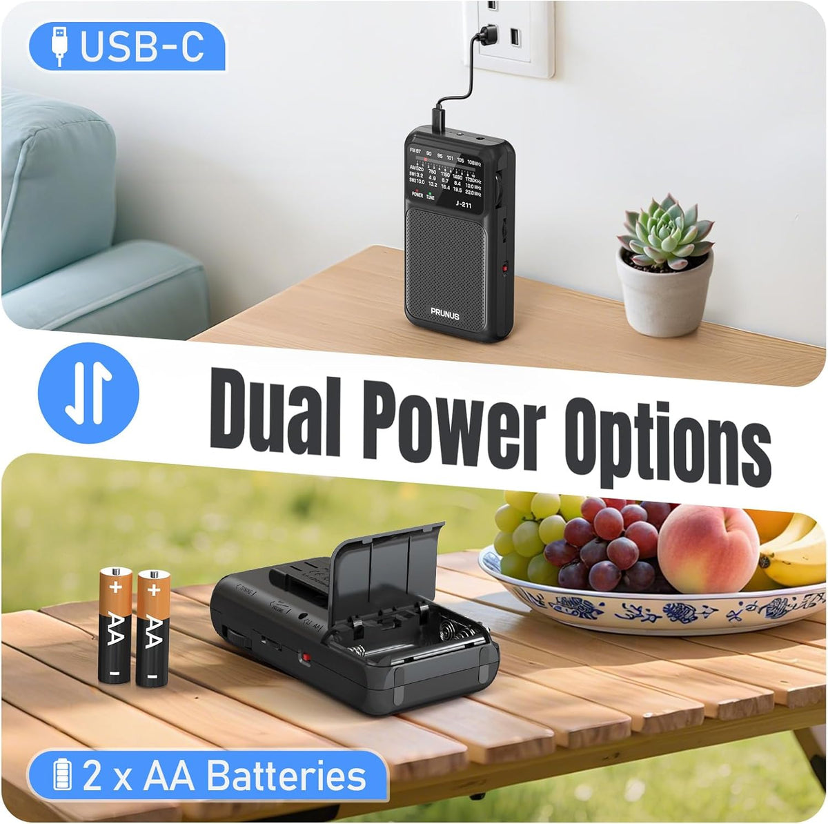 J211 Portable Radio AM FM, USB C Charging and AA Battery Operated | Excellent Reception& Clear Speaker, Headphone