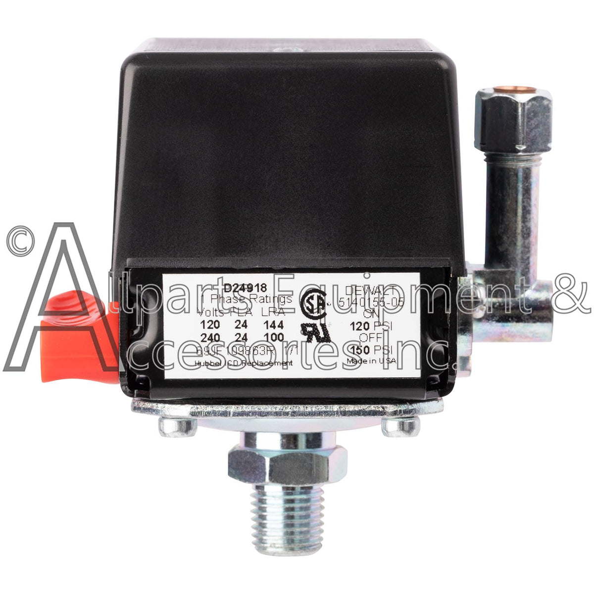 Z-D24918 Pressure Switch 1/4" NPT Single Port 120-150 PSI 2-Pole 120-240V Compatible with Craftsman and DeWALT Air Compressor Units