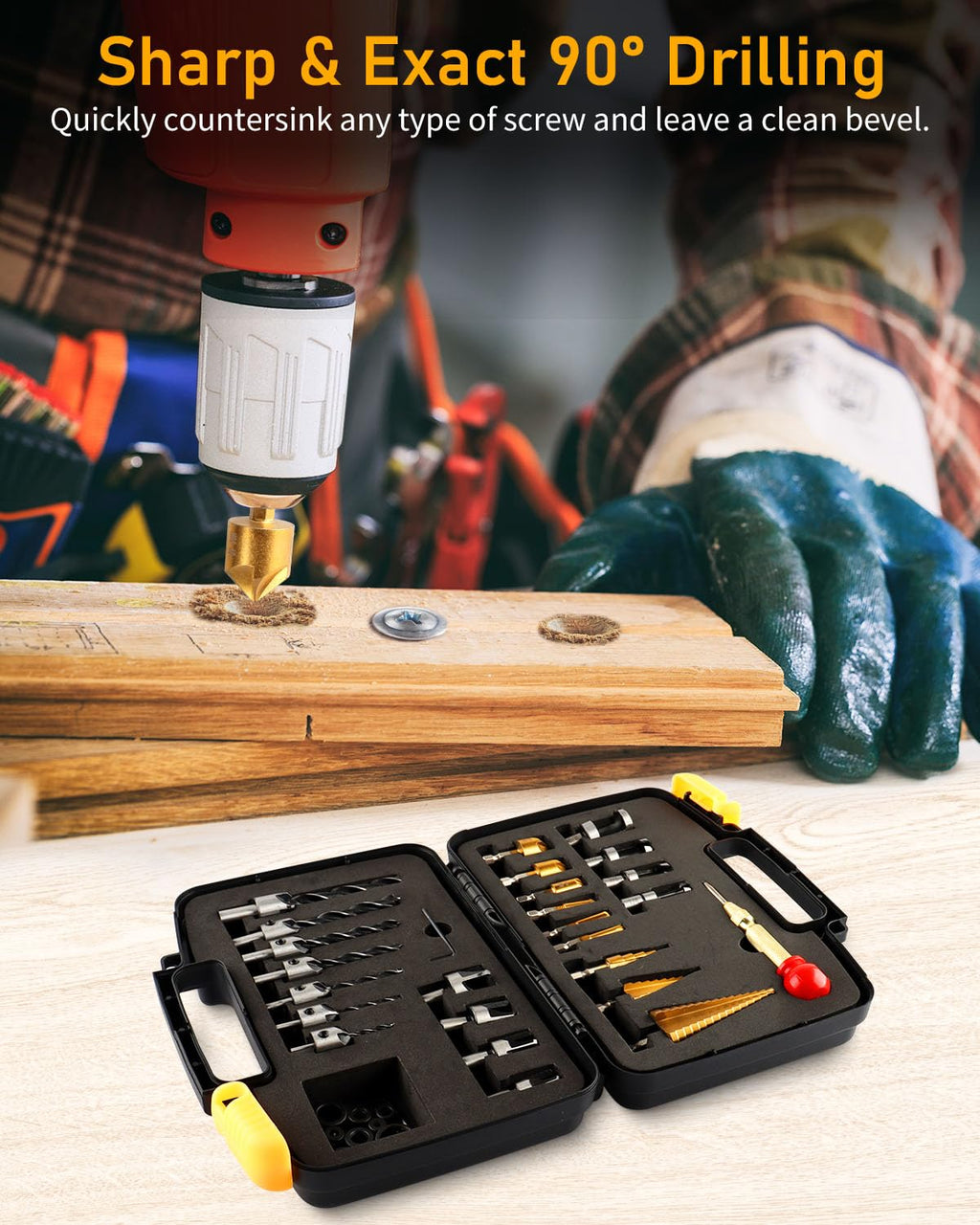 34Pcs Woodworking Drill Bit Set, Countersink Bits, Plug Cutters, Drill Stop