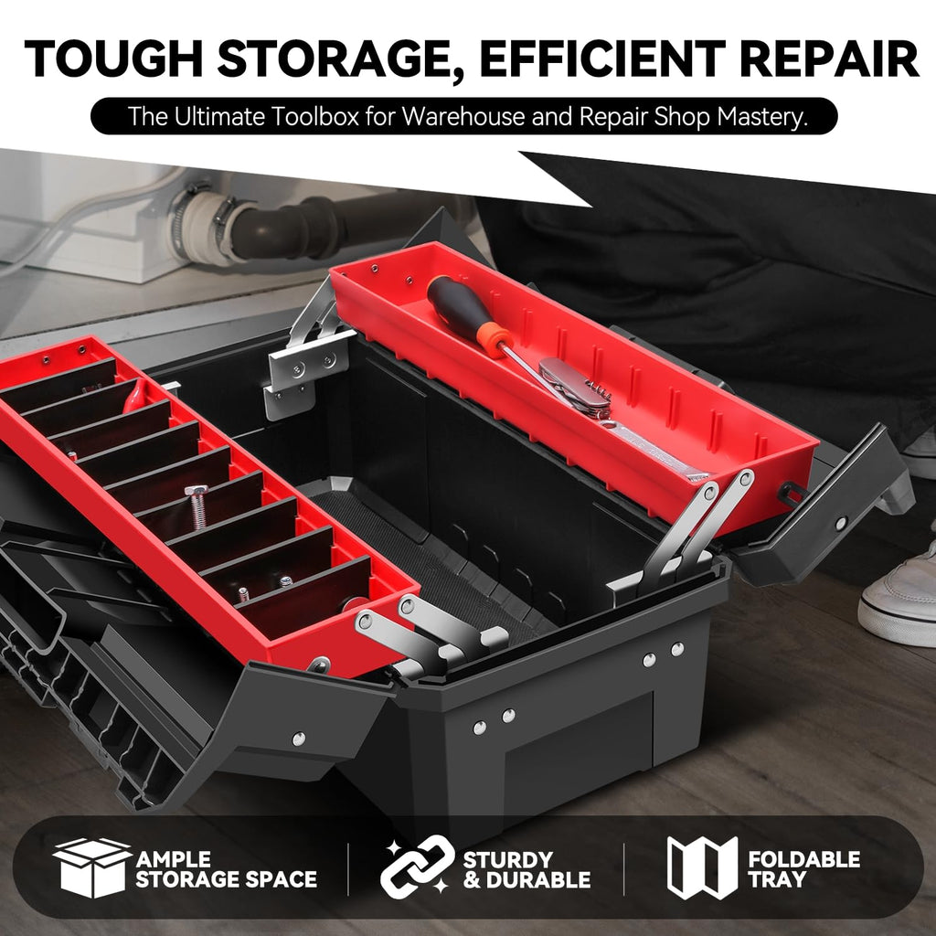 Foldable 2-layer Tool Box w/Non-Slip Handle Tray Storage, Red