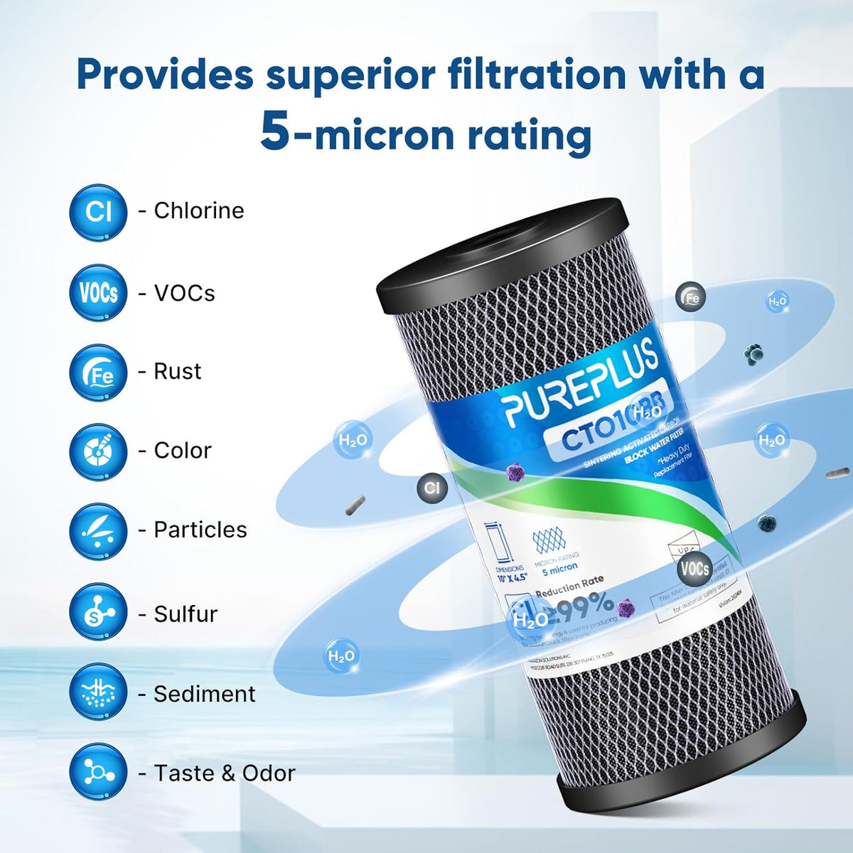 Coconut Shell Water Filter Cartridge | Activated Carbon Block CTO | Universal Whole House 5 Micron 10 inch Cartridge