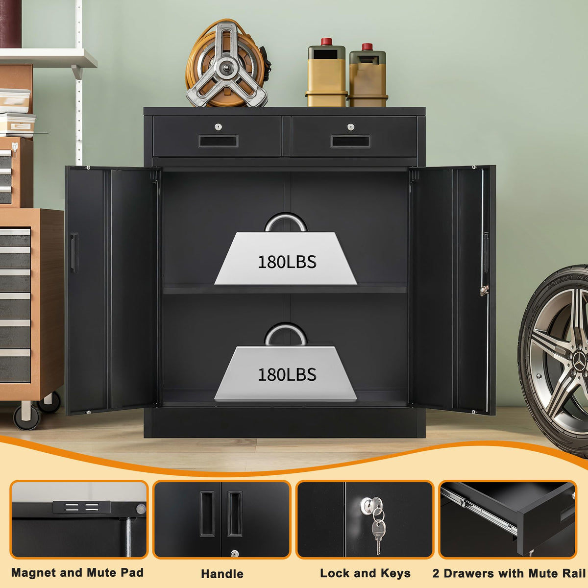 Metal Storage Cabinet, 36" H Locking Storage Cabinet with 2 Drawers and Adjustable Shelf, Metal Cabinets for Office