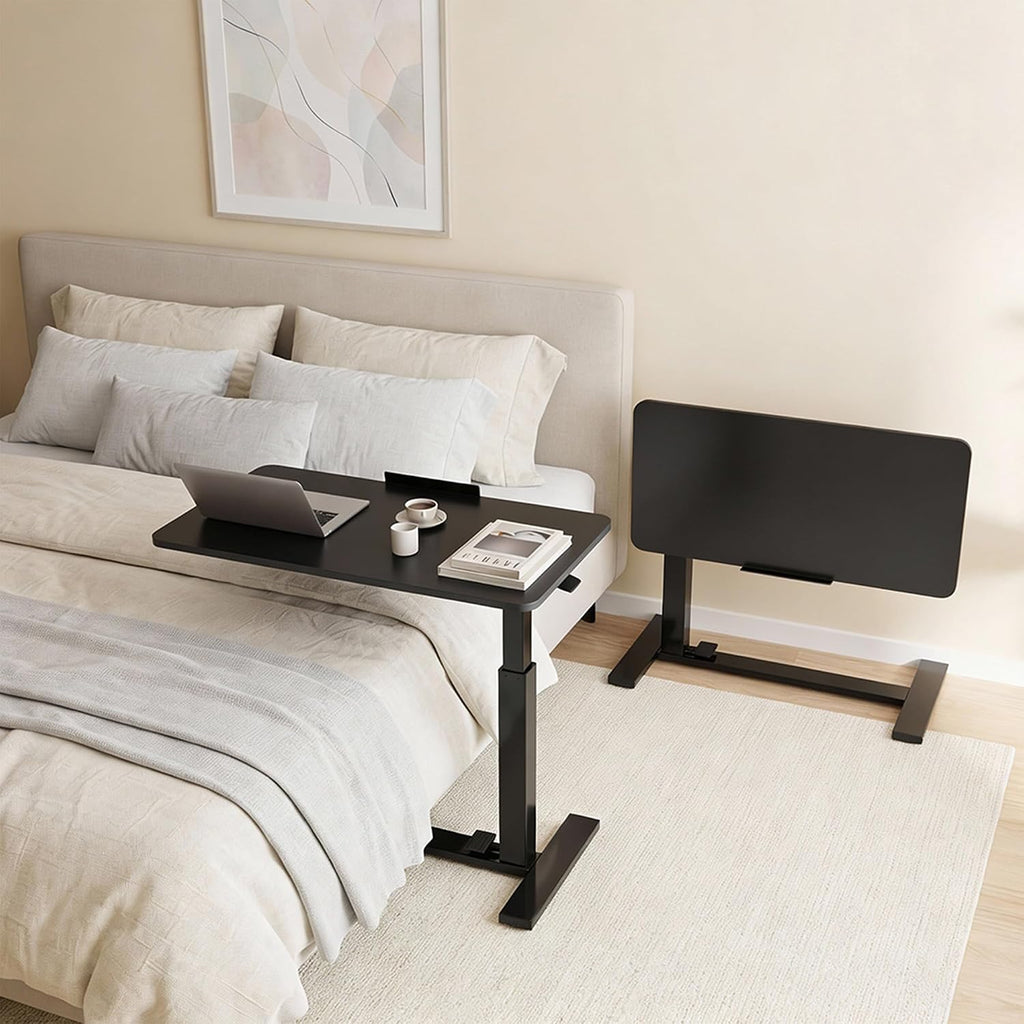 Overbed Table with Wheels, Height-Adjustable Bedside Table, Black