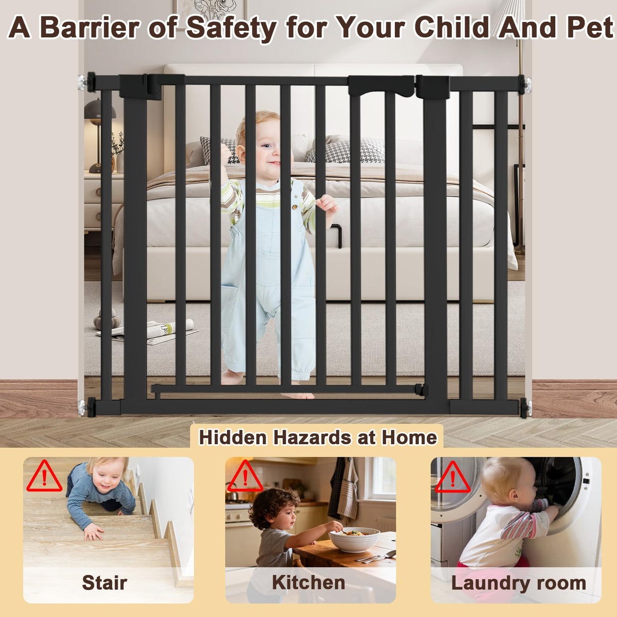 30-41" Extra-Wide No-Drill Pressure-Mounted Pet & Child Safety Gate with Auto-Close Walk-Through Door for Stairs, Hallways & Wide Doorways