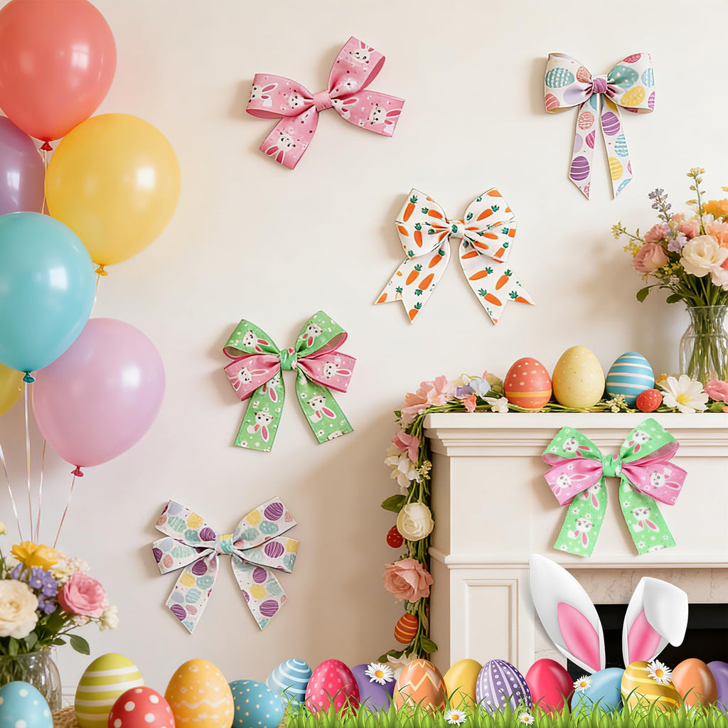 4 Rolls Easter Ribbon Wired,Easter Eggs, Carrots, Rabbits Ribbon,2.5 Inch 15 Yards Wrapping Fabric Spring Colorful