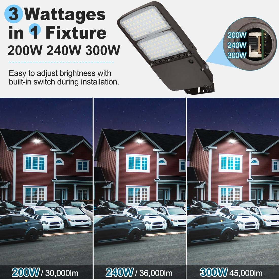 LED Parking Lot Light 300W/240W/200W Adjustable with Dusk to Dawn