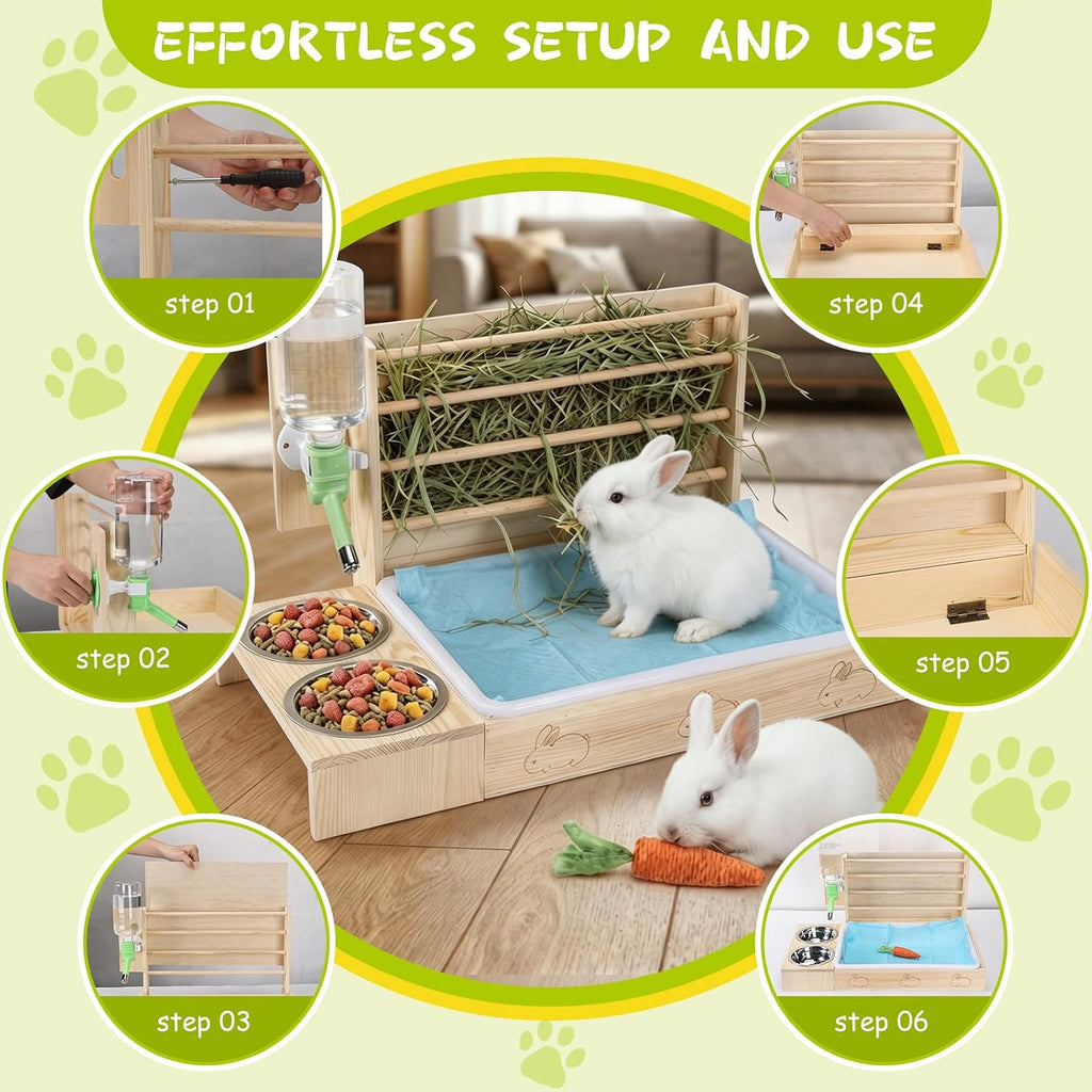 4 in 1 Rabbit Hay Feeder with Litter Box, Small Pets Hay Rack Water Bottle