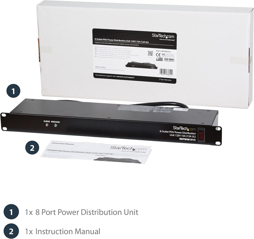 StarTech 8-Outlet 1U PDU, 120V/15A, Surge, 6ft Cord, TAA (RKPW081915) | Power strip for network server racks, Surge