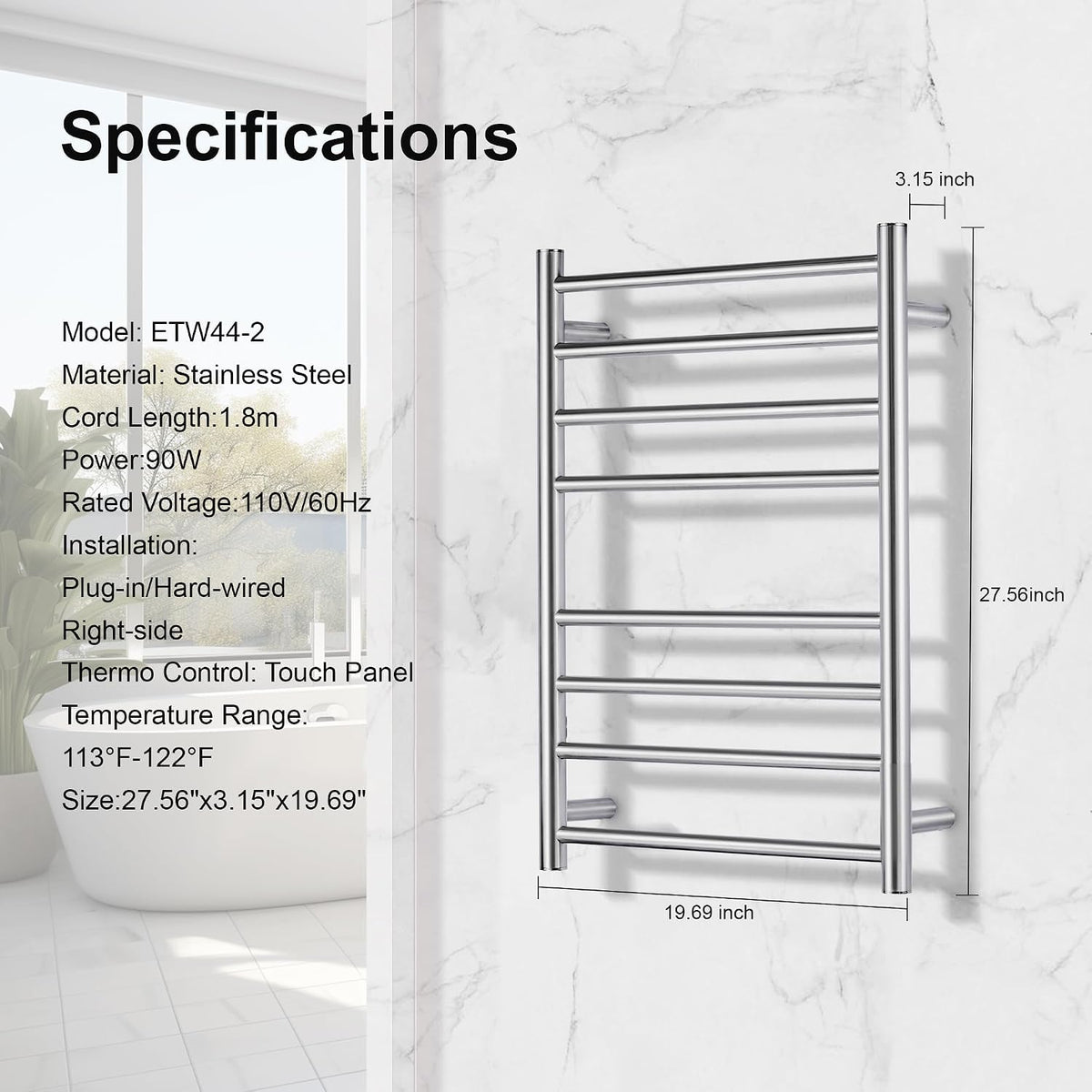 Electric Heated Towel Warmer - Wall Mounted Bathroom Towel Rack, Plug-in Design & Brushed Stainless Steel Finish 8