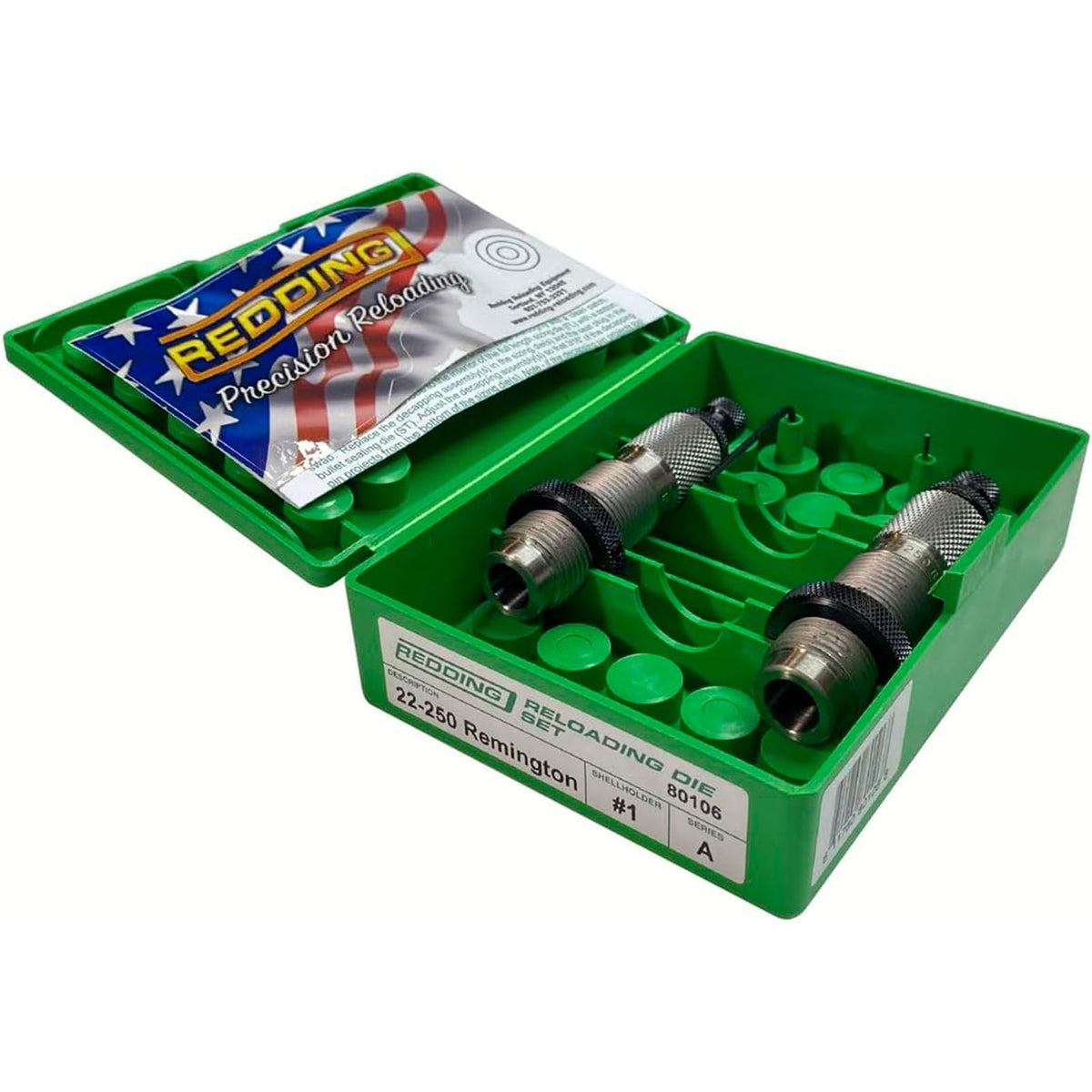 Redding Reloading Full Length Die Set | Durable Steel Smooth Rifle Die Set for Bottleneck Cases | Bullet Guide, Built-in Crimp Ring & Proper Seating Plug Included, 22-250 Remington (80106)