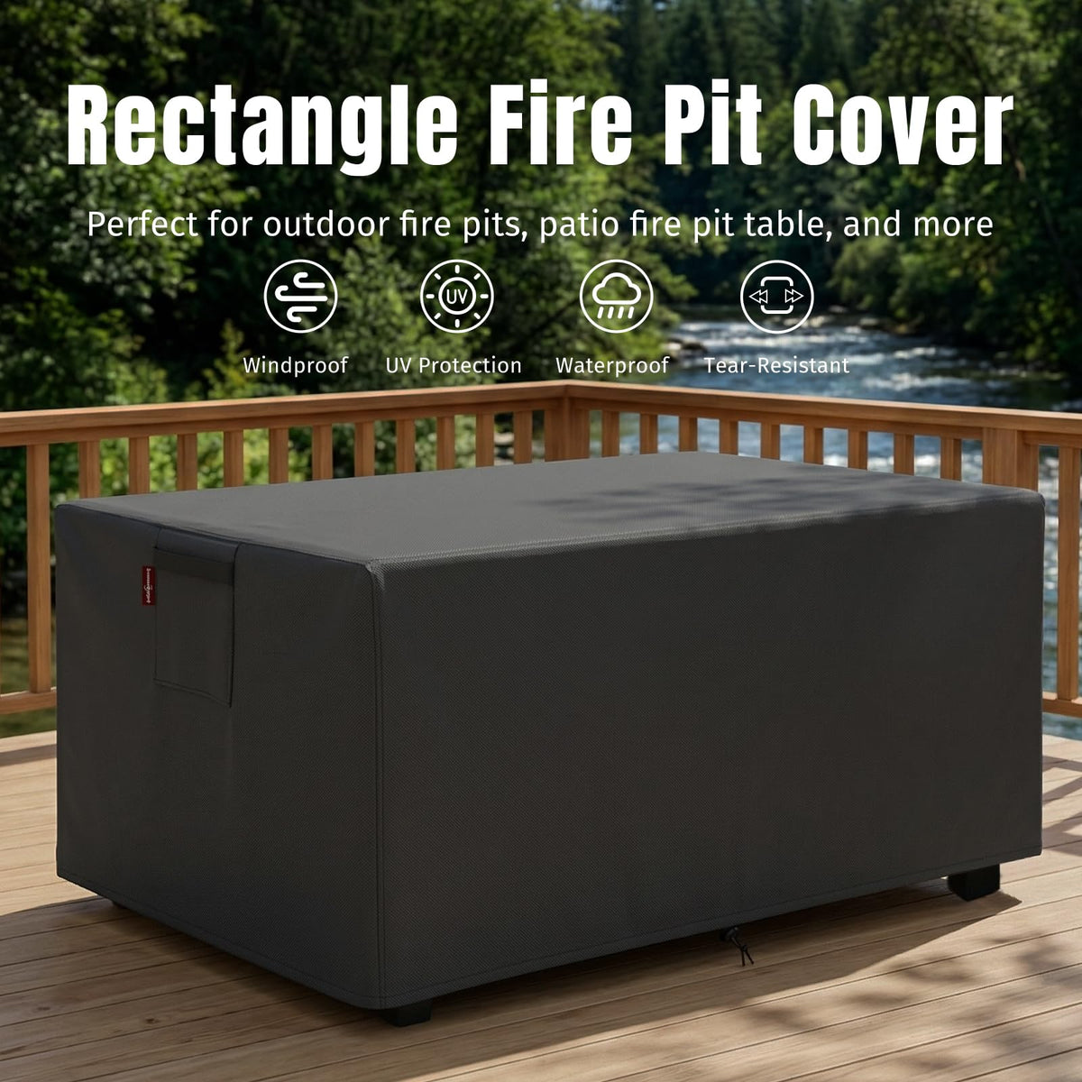 Fire Pit Cover Rectangular for 44-48 Inch Fire Pit Table，Heavy-Duty Ripstop & Waterproof, with Windproof Drawstring