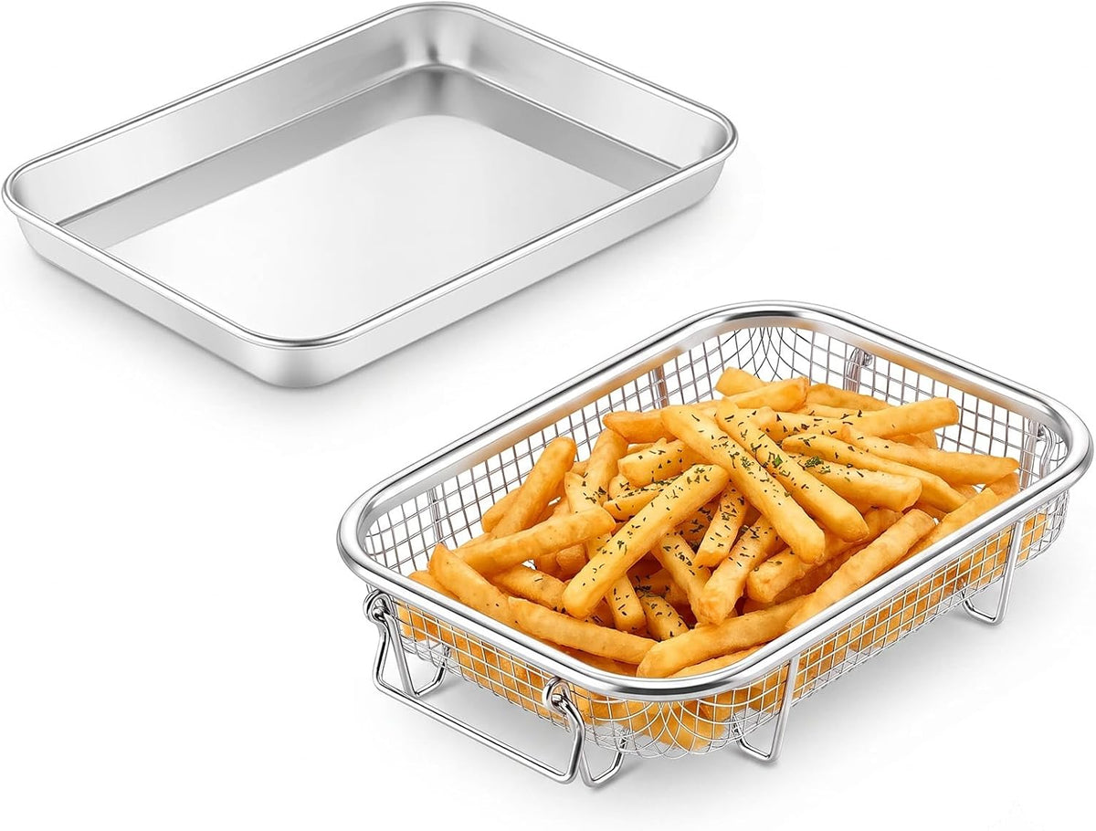 Air Fryer Basket for Oven, 9.3" x 7" Air Fryer Basket and Tray | Stainless Steel, with Grease-Catching Tray, Less Oil