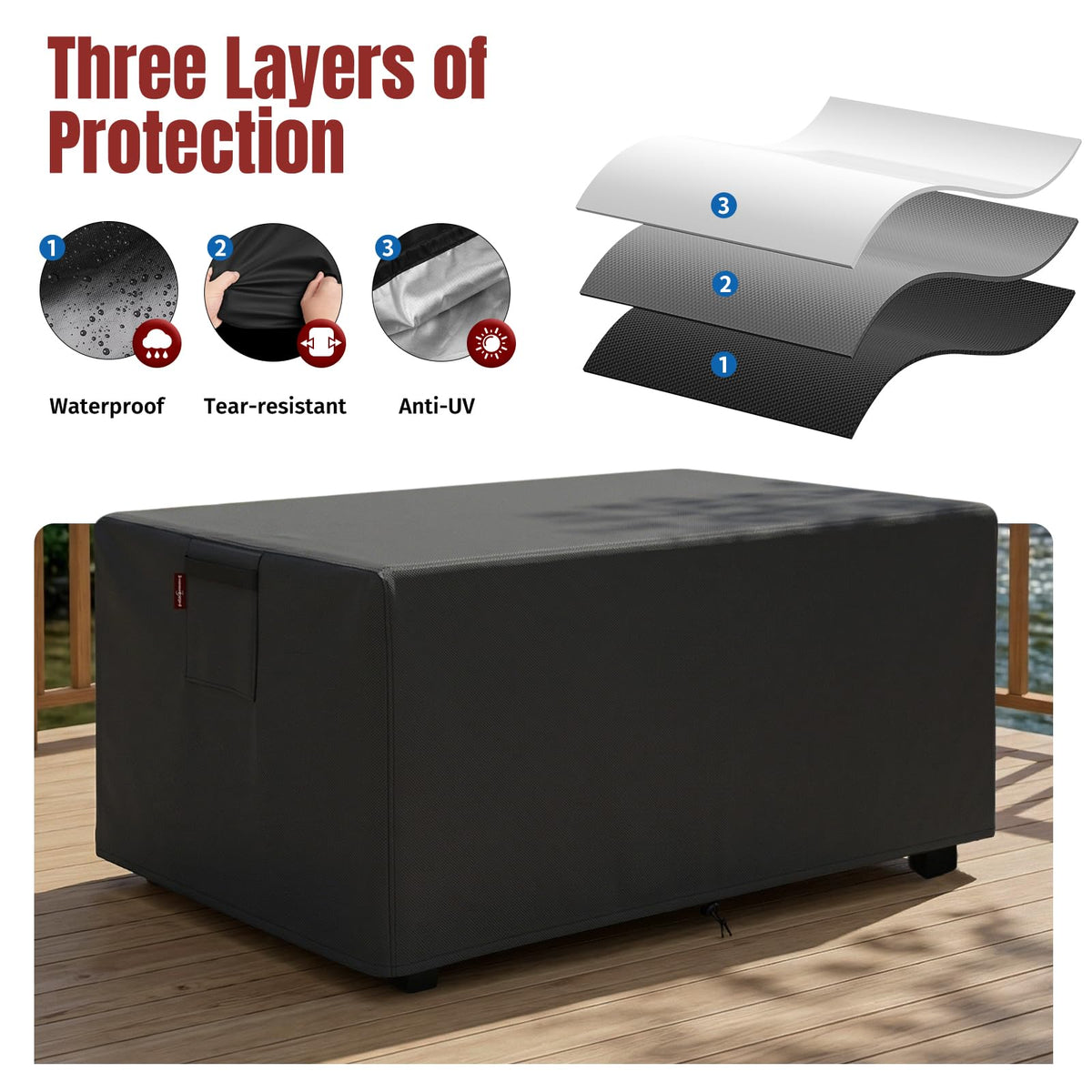 Fire Pit Cover Rectangular for 44-48 Inch Fire Pit Table，Heavy-Duty Ripstop & Waterproof, with Windproof Drawstring
