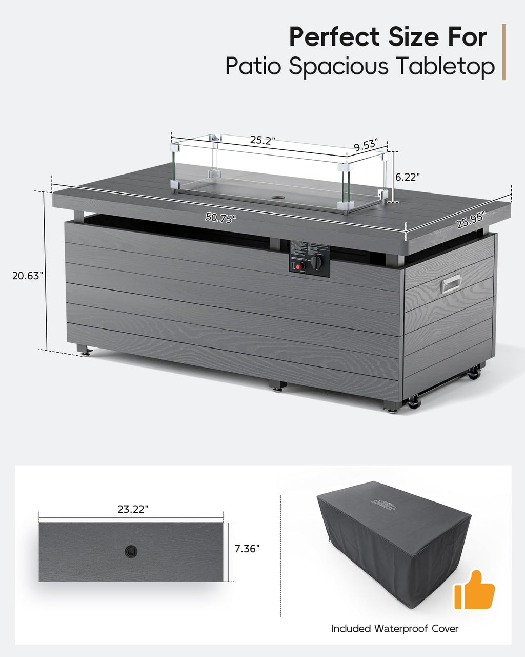 Outdoor Propane Fire Pit Table, 50000 BTU Rectangular Propane Fire Table with Glass Wind Guard, Sliding Tank Holder