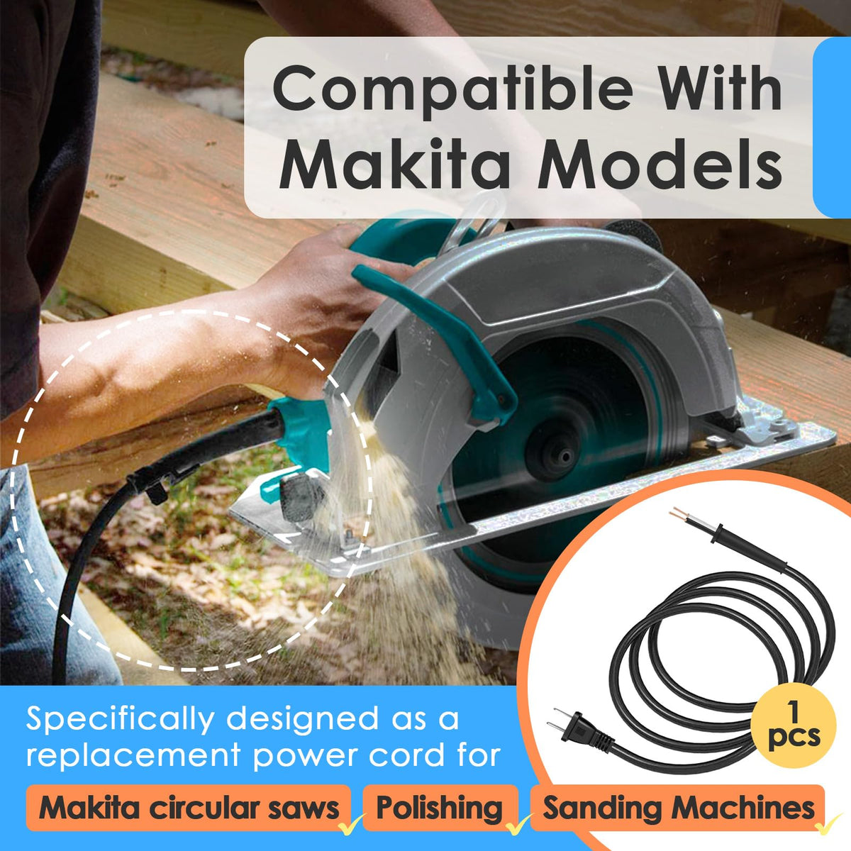 8FT 664463-0 Replacement Power Cord (2X14X8 Sj) Compatible with Makita Tool