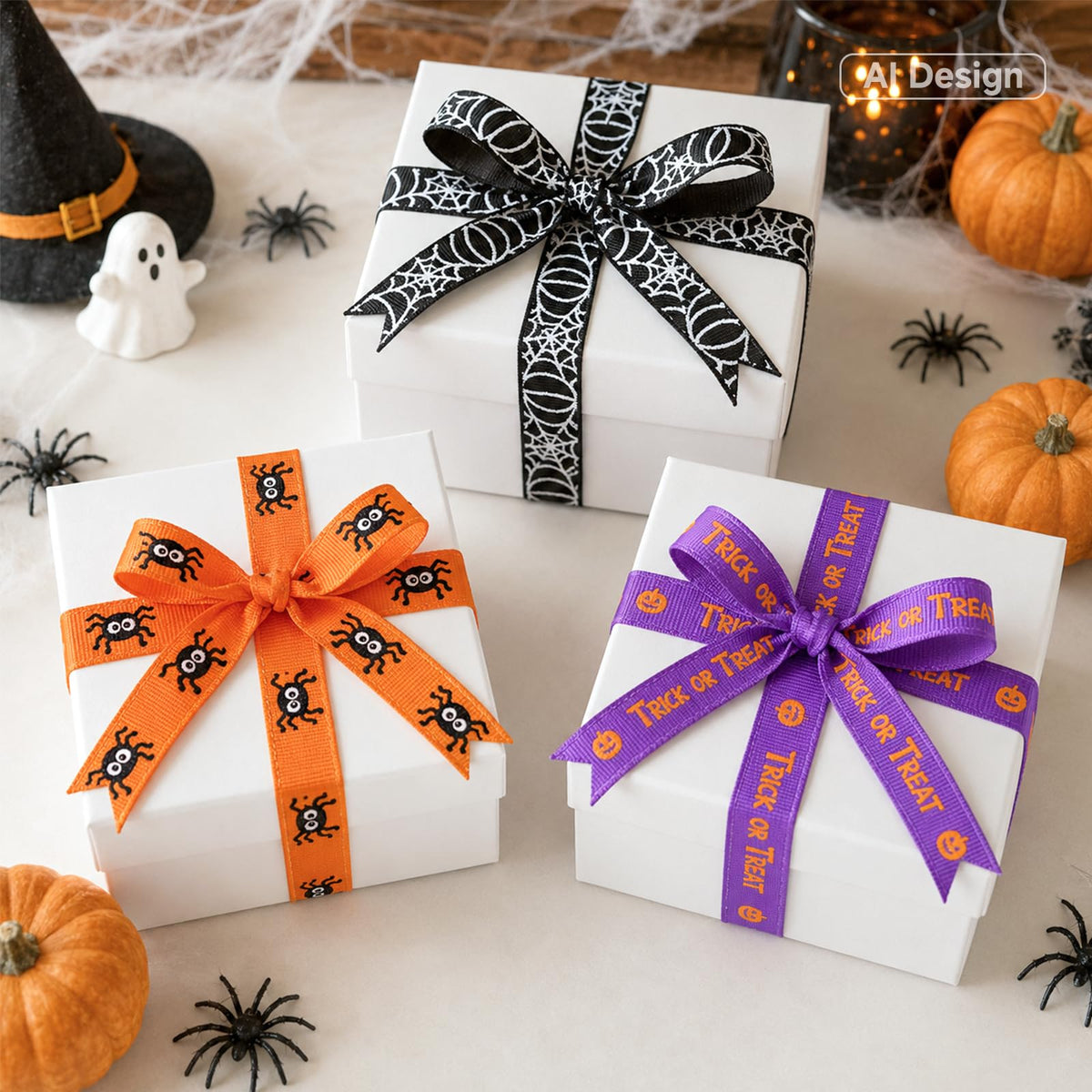 6 Rolls Halloween Ribbon 3/8'' x 60 Yds Black White Orange Purple