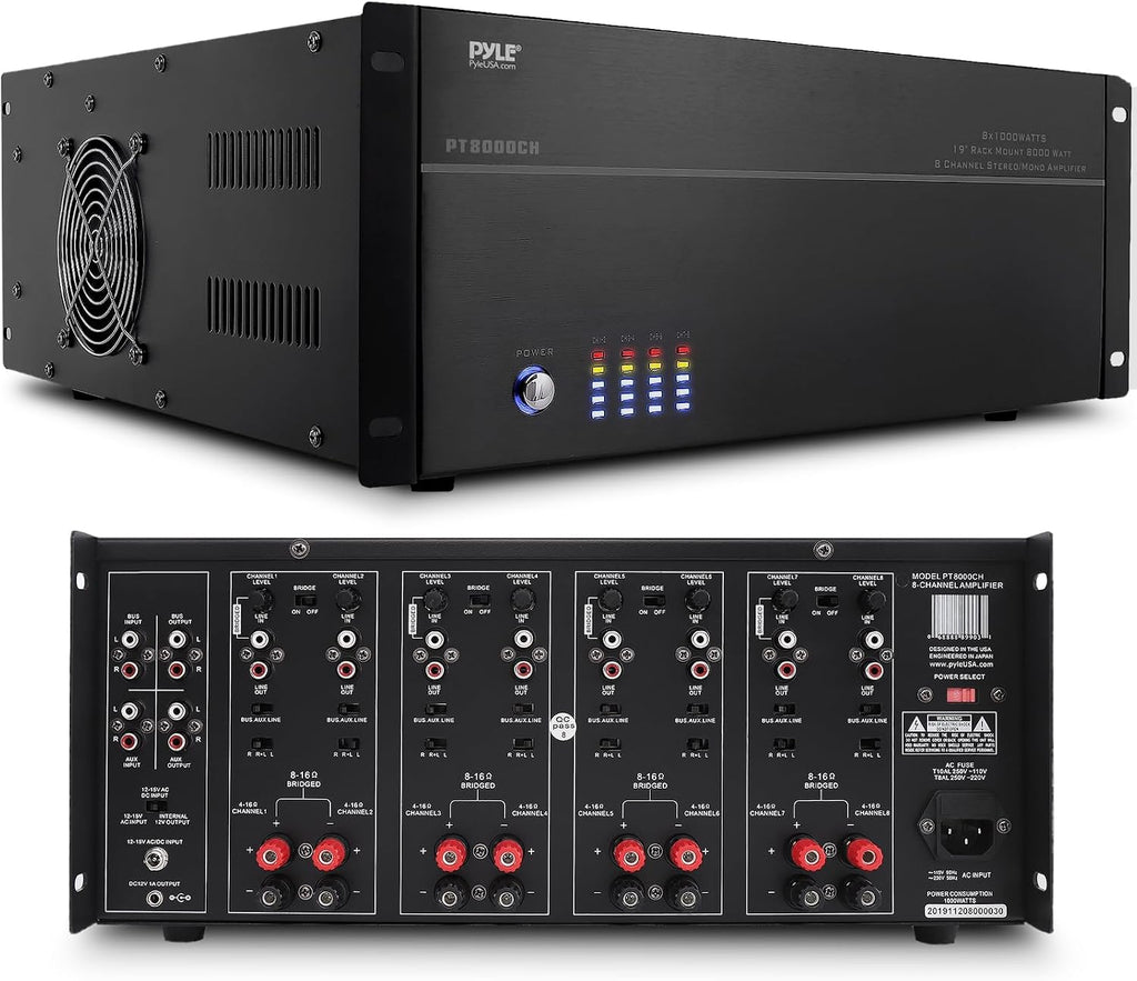 4 Multi-Zone Stereo Amplifier - 19” Rack Mount, Powerful 8000 Watts with Speaker Selector Volume Control & LED Audio