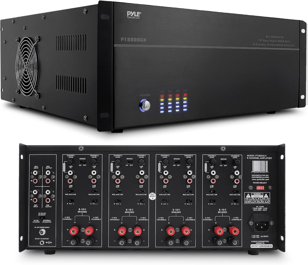 4 Multi-Zone Stereo Amplifier - 19” Rack Mount, Powerful 8000 Watts with Speaker Selector Volume Control & LED Audio