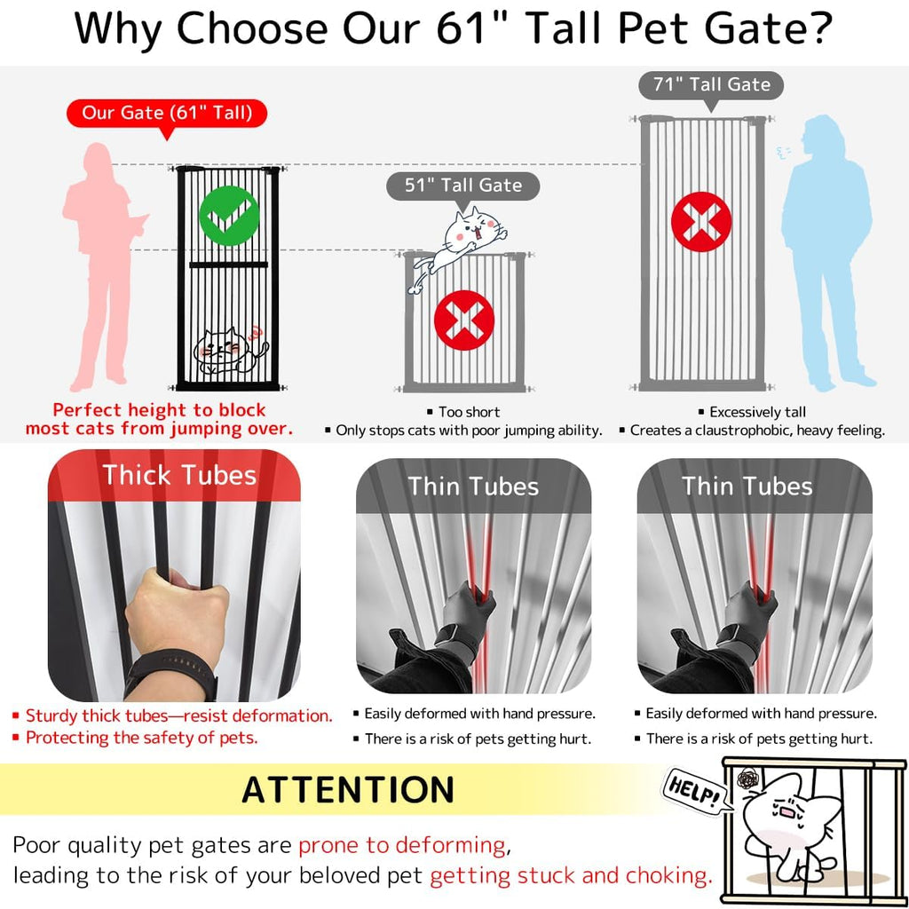 61.02" x 30.12-34.05" Wide Extra-Tall & Extra-Wide Adjustable Hardware/Pressure-Mounted Pet & Child Safety Gate with Dual-Lock Walk-Through Swing Door for Stairs, Hallways & Wide Doorways — Black