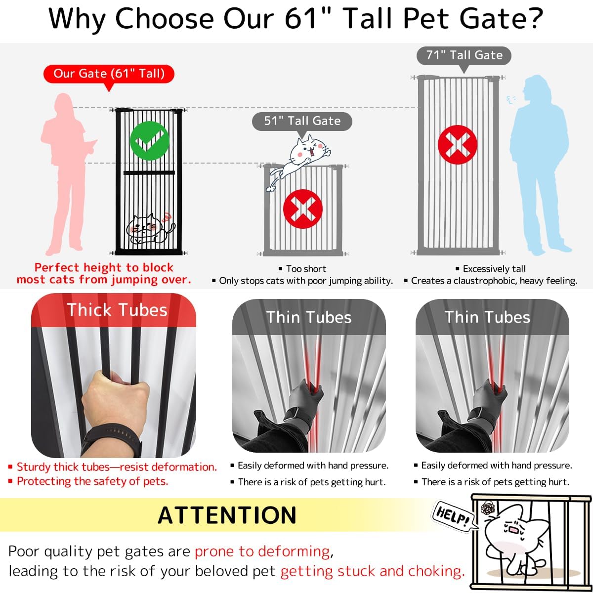 61.02" x 30.12-34.05" Wide Extra-Tall & Extra-Wide Adjustable Hardware/Pressure-Mounted Pet & Child Safety Gate with Dual-Lock Walk-Through Swing Door for Stairs, Hallways & Wide Doorways — Black