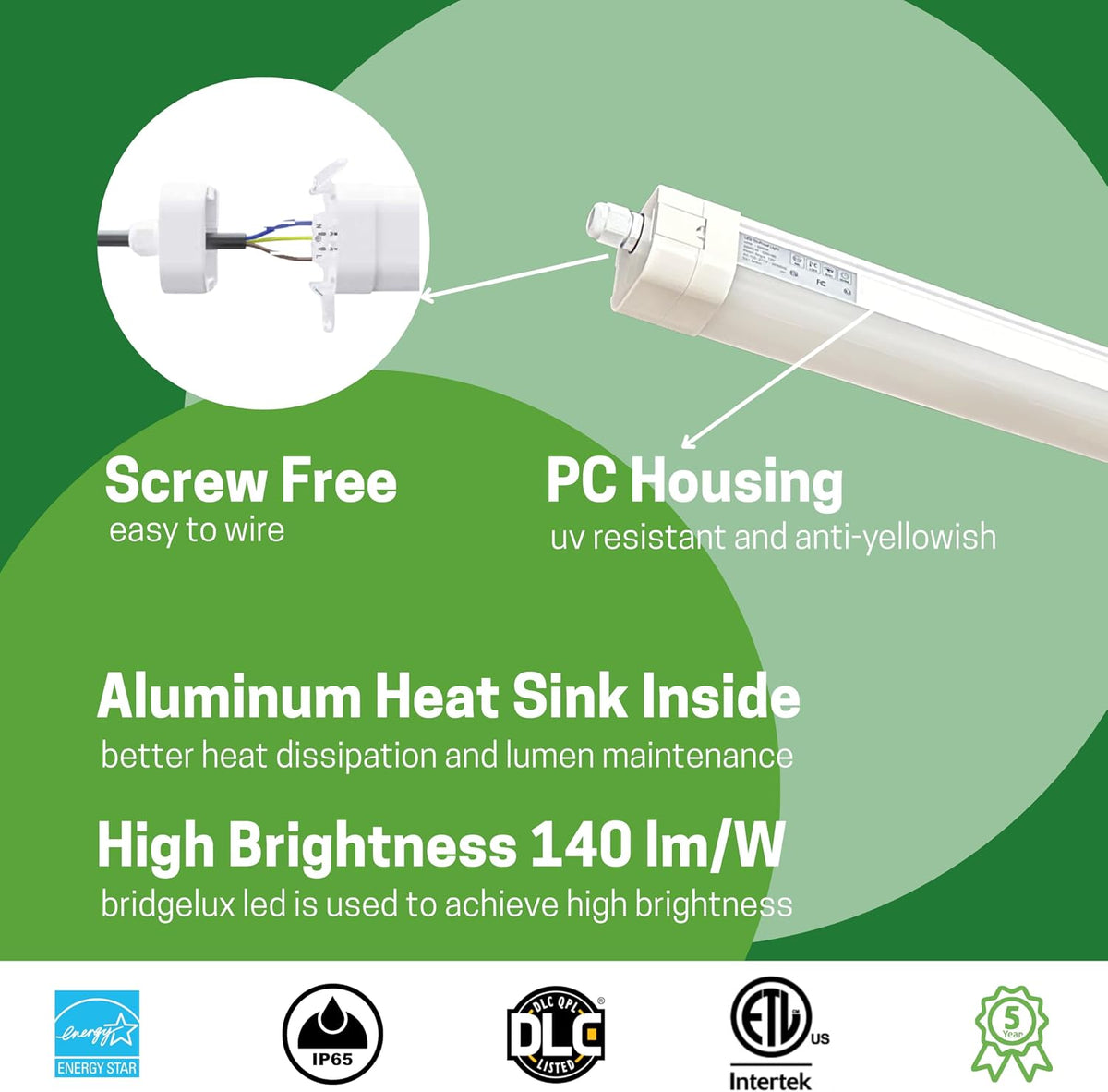 E2 LIGHTING 4ft Vapor Tight Fixture, 40W 4000K, IP65 Waterproof LED