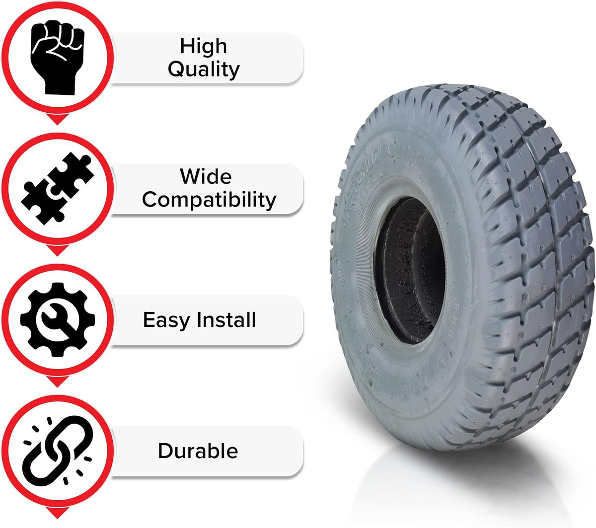 AlveyTech 3.00-4 (10"x3", 260X85) Foam-Filled Mobility Tire with Durotrap C9210 Tread (2-5/8" Bead Width) - Replacement Scooter Flat-Free Tires for Electric Scooters, Non-Marking Gray (TIRSOLI1020)