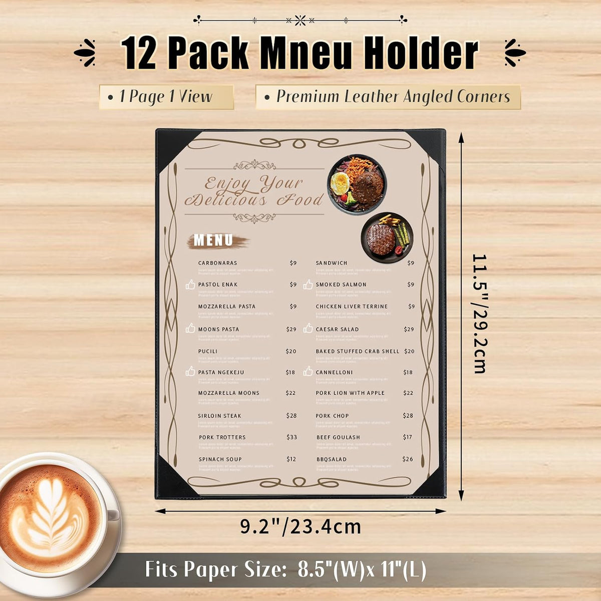 1 Page Leather Restaurant Menu Covers Holders 8.5" X 11", Wine List