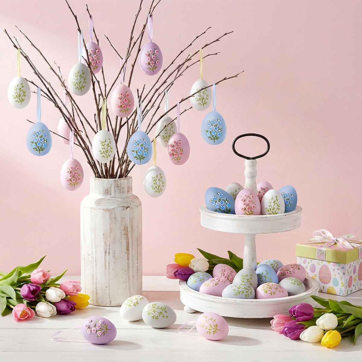 16 Pcs Pastel Easter Eggs Decorations Floral Easter Vase Fillers Plastic Floral Eggs Bowl Vase Fillers Decor Colors