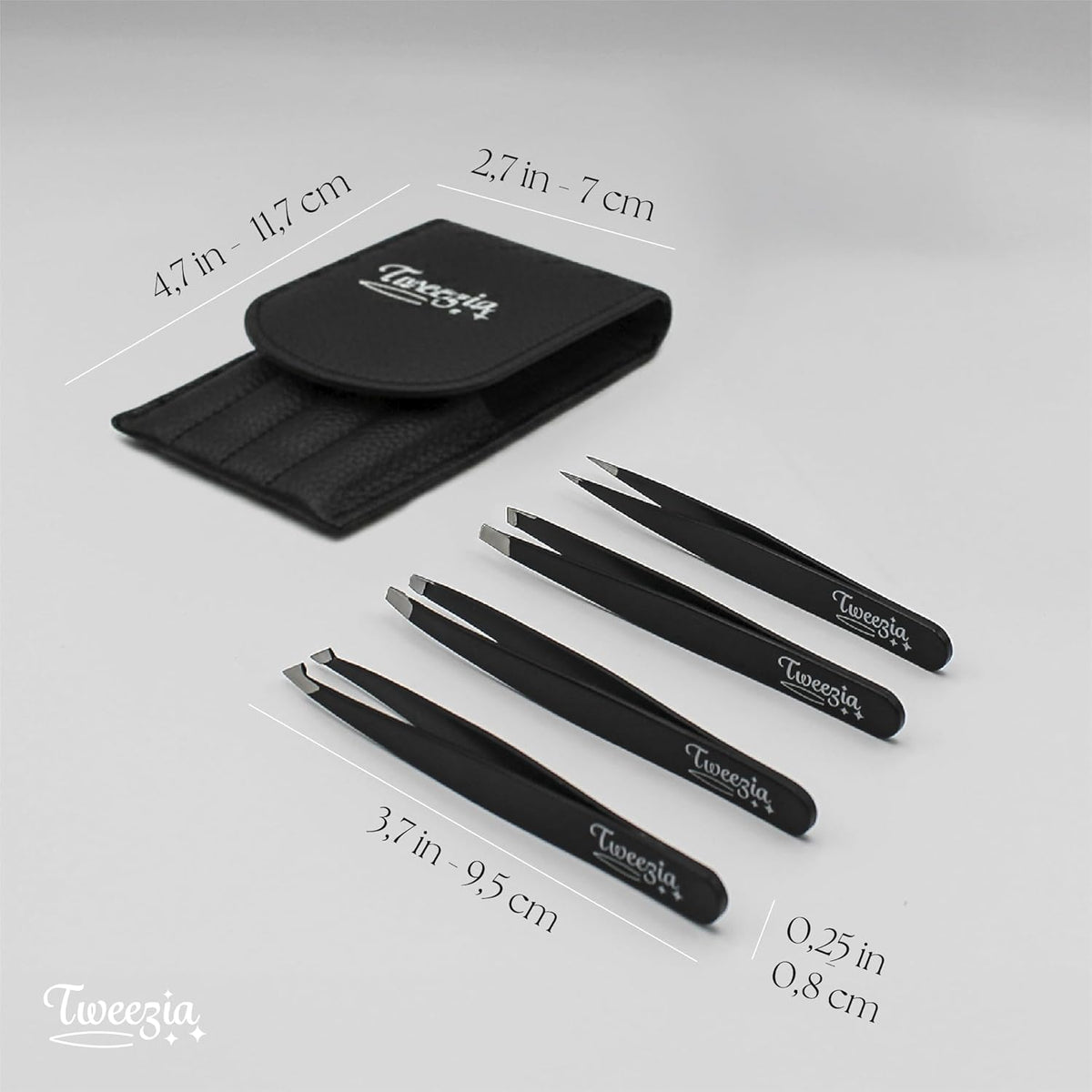 TWEEZIA Stainless Steel Precision Tweezers Set with Mirror Case, 4 Piece