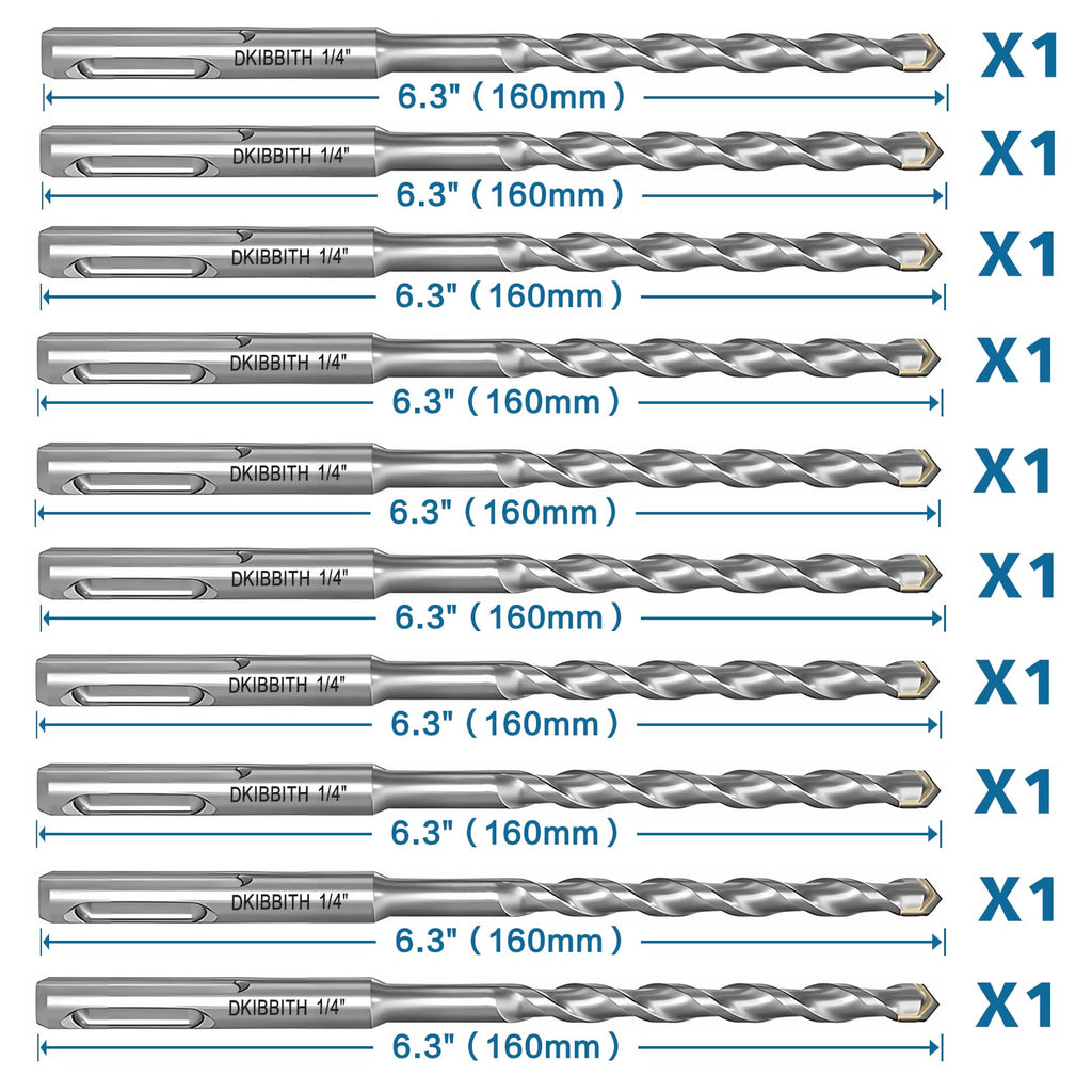 10-Piece 1/4” SDS Plus Drill Bits Rotary Hammer Drill Bit Set, Carbide Tipped for Drilling Concrete Cement Porcelain Tiles Ceramic Pots Stone Brick, Diameter 6mm, 160mm Long, SDS Plus Shank