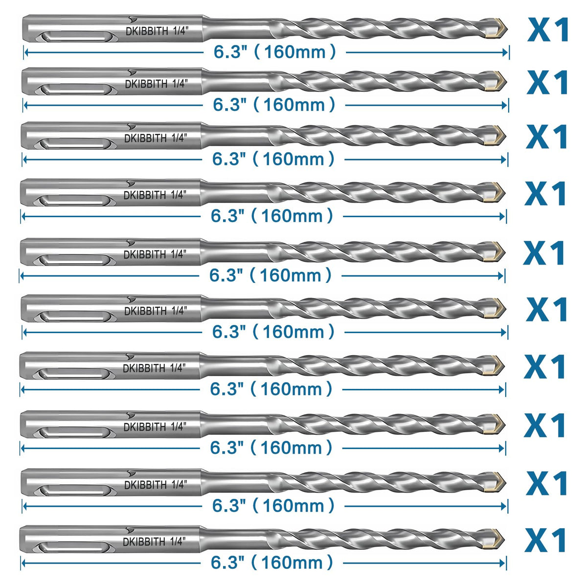 10-Piece 1/4” SDS Plus Drill Bits Rotary Hammer Drill Bit Set, Carbide Tipped for Drilling Concrete Cement Porcelain Tiles Ceramic Pots Stone Brick, Diameter 6mm, 160mm Long, SDS Plus Shank