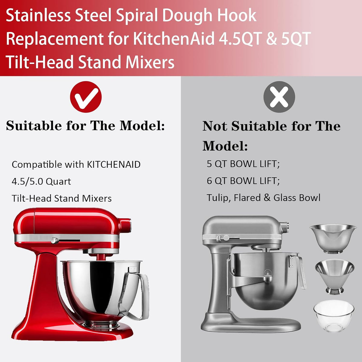 Stainless Steel Spiral Dough Hook for KitchenAid 4.5-5 Quart Tilt-Head Stand Mixer, Dishwasher Safe & Rust-Proof