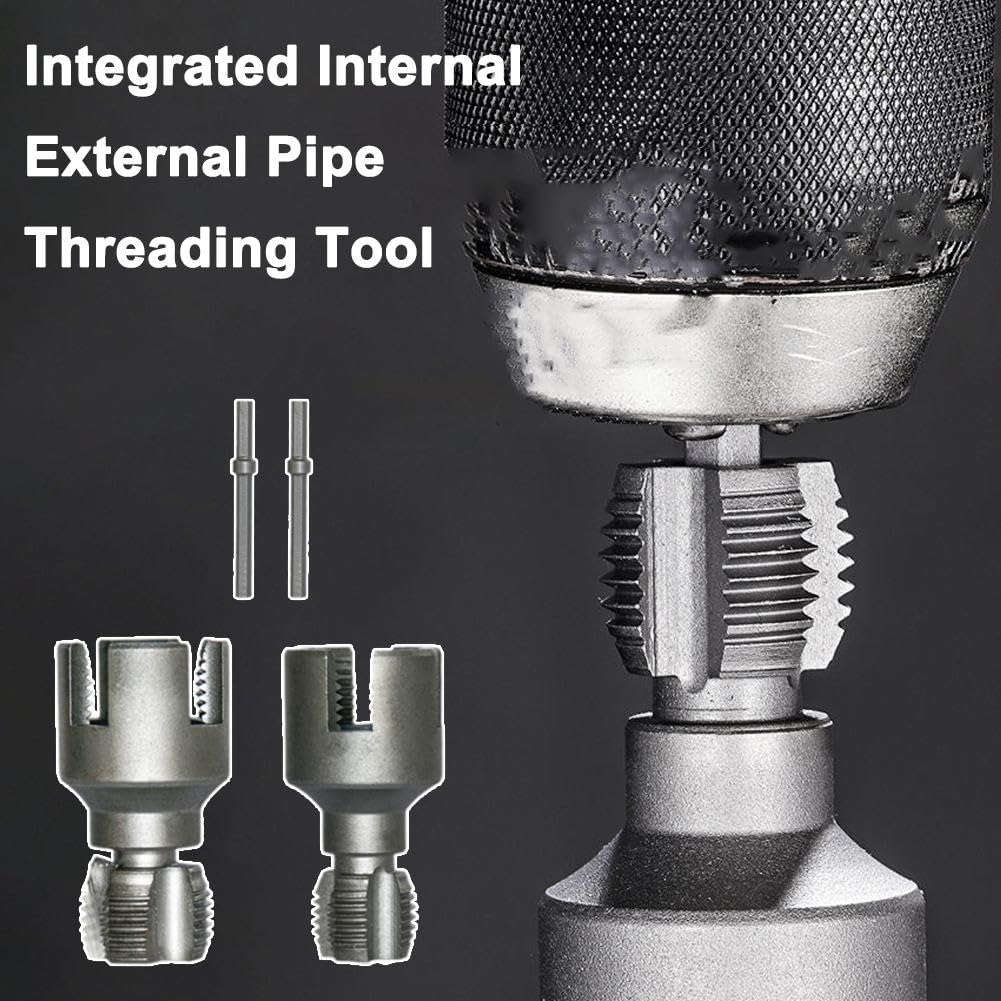 Integrated Internal & External Pipe Threading Tool, 1/2'' 3/4'' Dual-Function Pipe Thread Cutting Tool, Electric Drill Compatible PVC & Plastic Pipe Threader Kit Rethreading Tool Tap Die Set (2xAll)