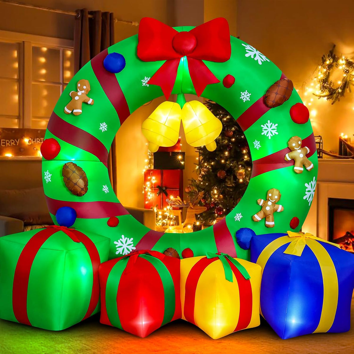 10FT Giant Inflatable Christmas Wreath Outdoor Decor Blow Up Xmas Wreath with Gift Boxes Bells LED Lights Holiday