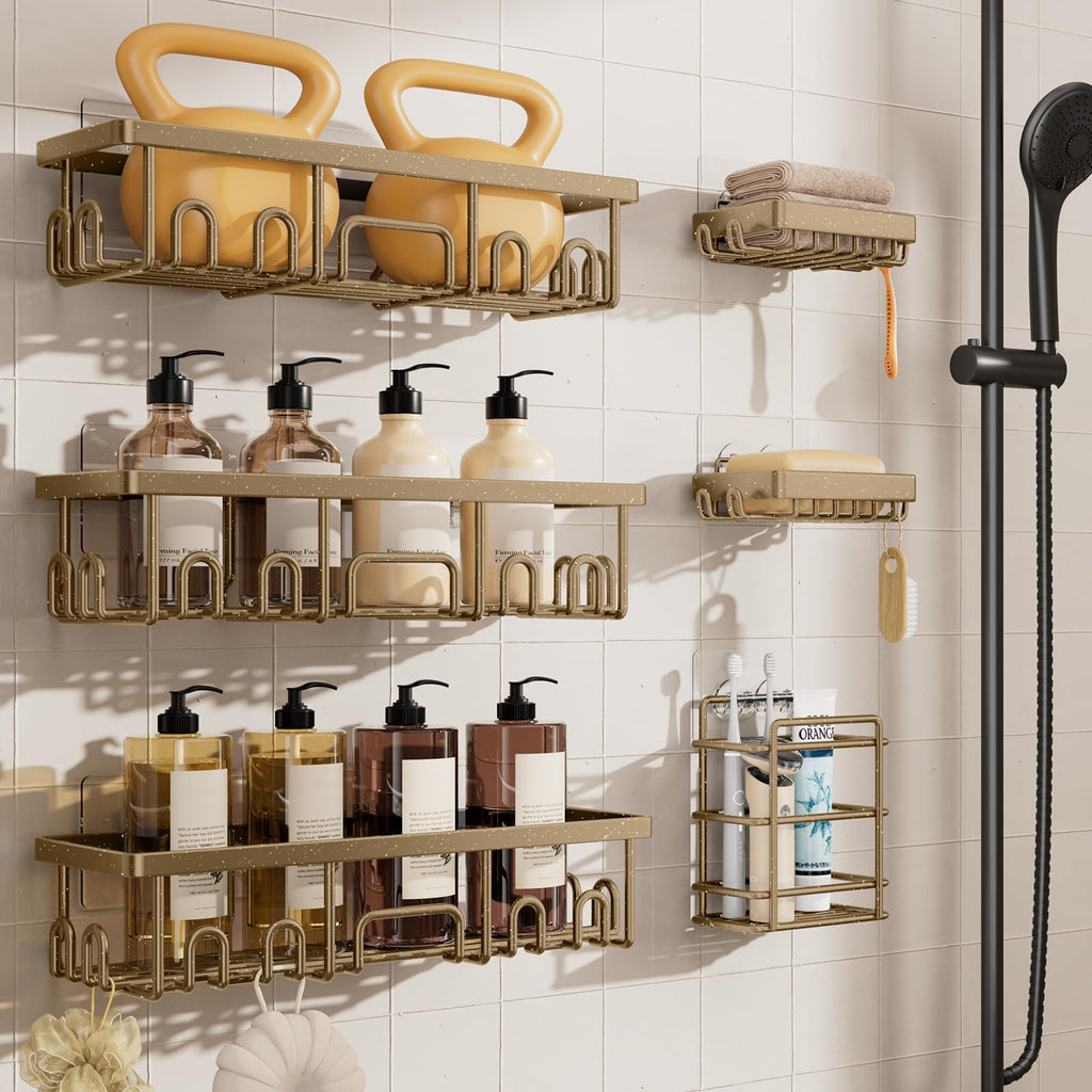 Shower Caddy 6-Pack, No Drilling & Rustproof, Waterproof Adhesive Shelves Rack with Soap Holder, Large Capacity