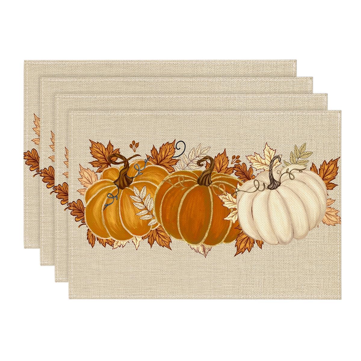 Orange Pumpkin Leaves Fall Placemats Set of 4-12 x 18 Inch