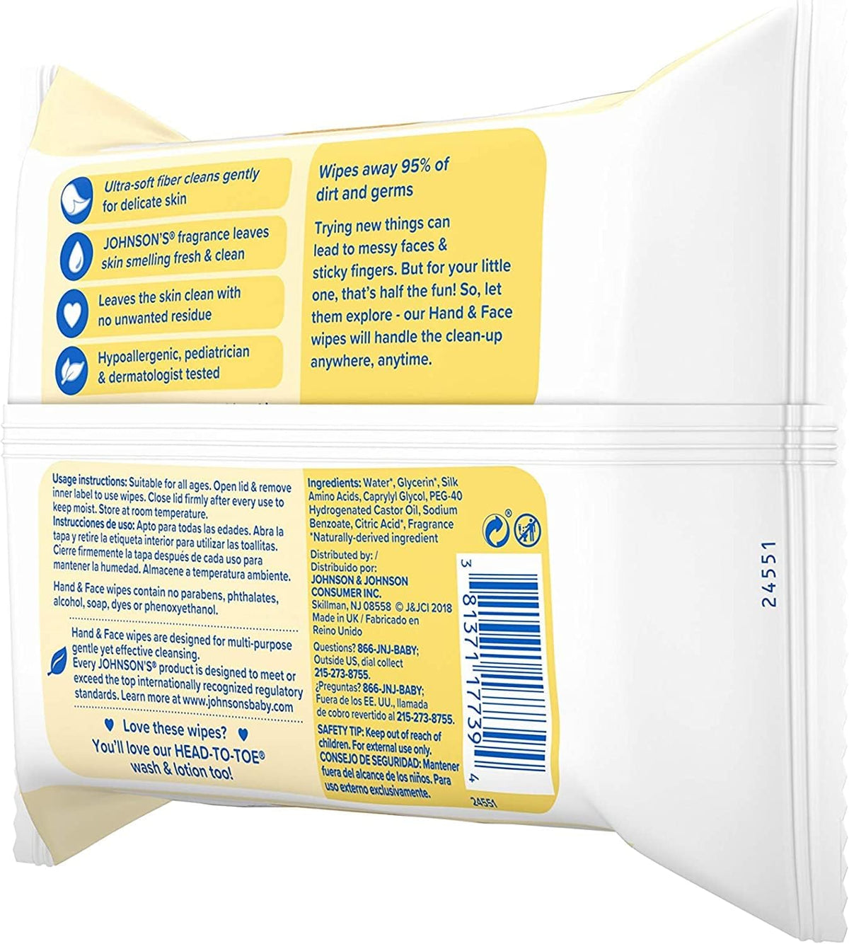Johnson's Hand & Face Baby Wipes, 25 Count (Pack of 6)