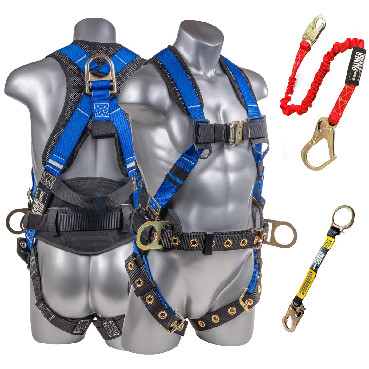 Hammerhead 5pt Safety Harness w/ 6' Single Leg Rebar Hook Safety Lanyard & D-Ring Extender (Blue SLKR - 3XLG)