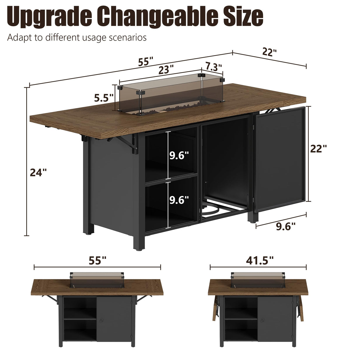 55" Propane Fire Pit Table,50000btu Gas Fire Pit Table with Brown Windshield & Lava Rock,2 in 1 Foldable Expansion