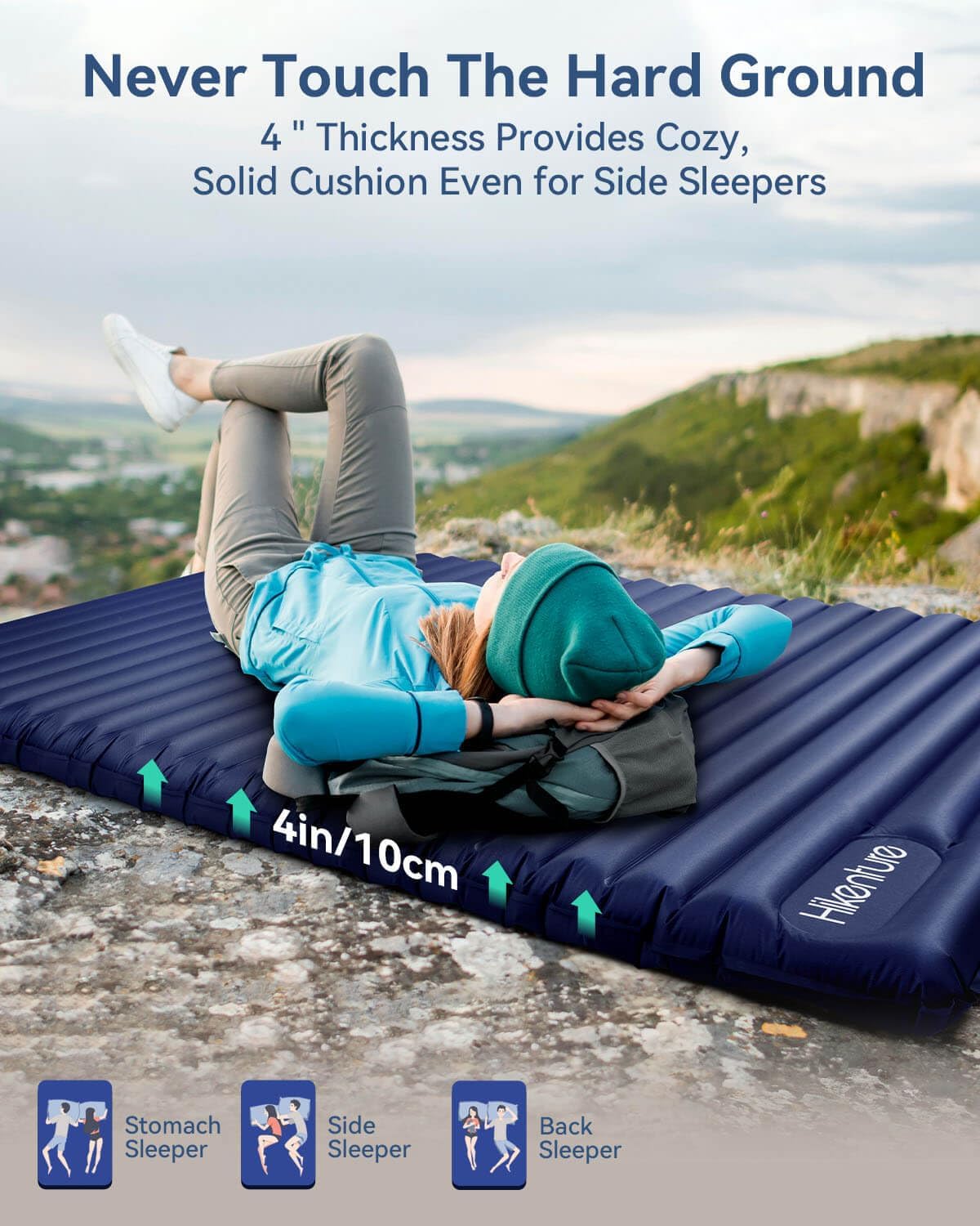 Double Sleeping Pad for Camping, Ultralight 4" Extra-Thick Camping Mattress 2 Person, Inflatable Backpacking Sleeping